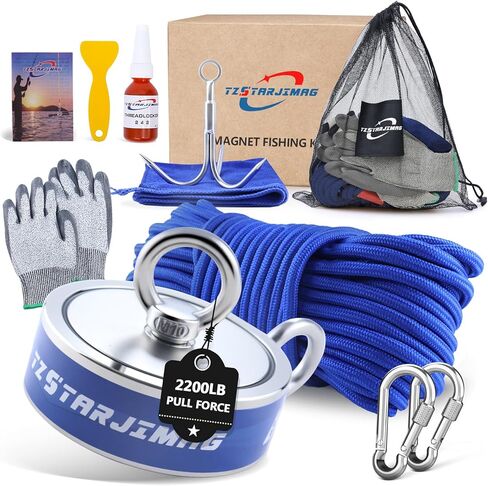 Single Side Magnet Fishing Kit,1400Lb Super Strong Fishing Magnets kit with 66 Ft Rope,Large Neodymium Magnetic Fishing with Full Accessories for Treasure&Underwater Cleaning-3.93" in Kuwait