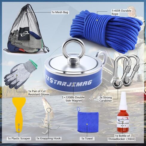 Single Side Magnet Fishing Kit,1400Lb Super Strong Fishing Magnets kit with 66 Ft Rope,Large Neodymium Magnetic Fishing with Full Accessories for Treasure&Underwater Cleaning-3.93" in Kuwait
