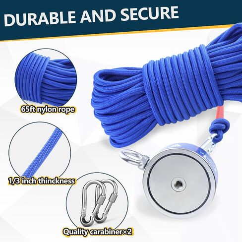 Single Side Magnet Fishing Kit,1400Lb Super Strong Fishing Magnets kit with 66 Ft Rope,Large Neodymium Magnetic Fishing with Full Accessories for Treasure&Underwater Cleaning-3.93" in Kuwait