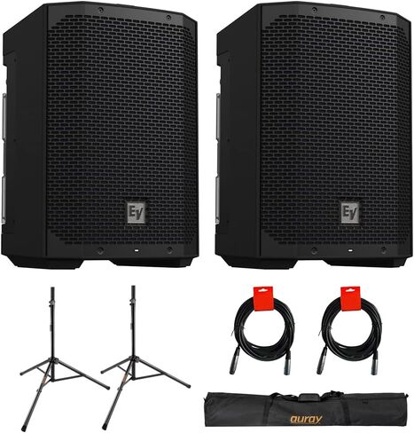 Electro-Voice EVERSE 8 8" 2-Way Battery Powered Loudspeaker with Bluetooth, Black (Pair) Bundle with Auray SS-47S-PB Deluxe Steel Speaker Stand and 2X XLR-XLR Cable in Kuwait