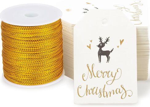 100 PCS Christmas Gift Tags Gold Foil Paper Holiday Hang Name Tags Label with 164 Feet Metallic Cords for DIY Xmas Present Happy New Year Party Decoration in Saudi Arabia