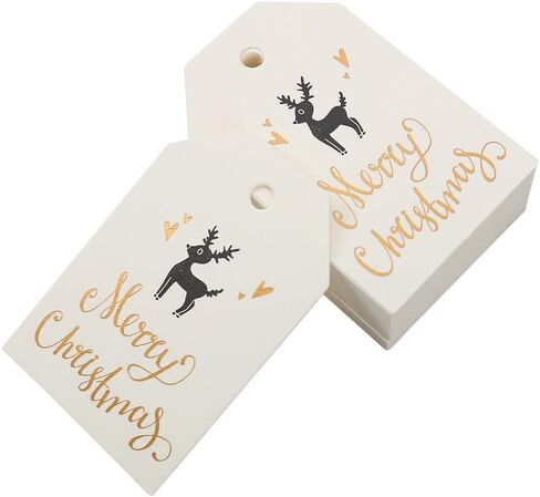 100 PCS Christmas Gift Tags Gold Foil Paper Holiday Hang Name Tags Label with 164 Feet Metallic Cords for DIY Xmas Present Happy New Year Party Decoration in Saudi Arabia
