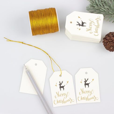 100 PCS Christmas Gift Tags Gold Foil Paper Holiday Hang Name Tags Label with 164 Feet Metallic Cords for DIY Xmas Present Happy New Year Party Decoration in Saudi Arabia