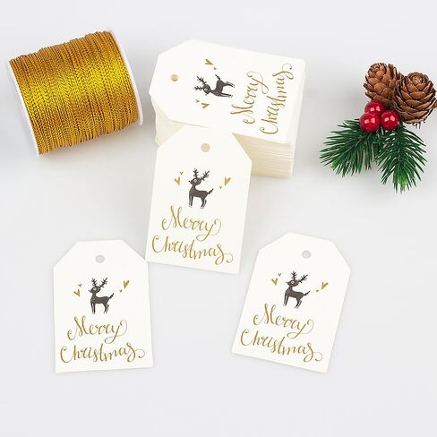 100 PCS Christmas Gift Tags Gold Foil Paper Holiday Hang Name Tags Label with 164 Feet Metallic Cords for DIY Xmas Present Happy New Year Party Decoration in Saudi Arabia