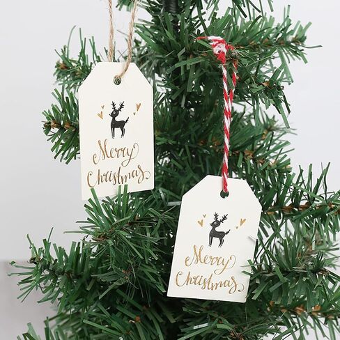 100 PCS Christmas Gift Tags Gold Foil Paper Holiday Hang Name Tags Label with 164 Feet Metallic Cords for DIY Xmas Present Happy New Year Party Decoration in Saudi Arabia