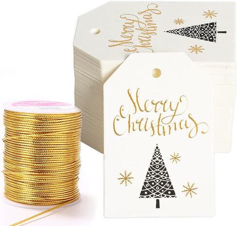 100 PCS Christmas Gift Tags Gold Foil Paper Holiday Hang Name Tags Label with 164 Feet Metallic Cords for DIY Xmas Present Happy New Year Party Decoration in Saudi Arabia
