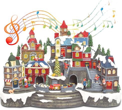 Christmas Village Ice Skating Pond Animated Decorations, Lighted Musical Winter Snow Village House Rink Building Figurine with Skaters Santa Sleigh and Reindeer, LED Light Up Holiday Indoor Town Decor in Saudi Arabia