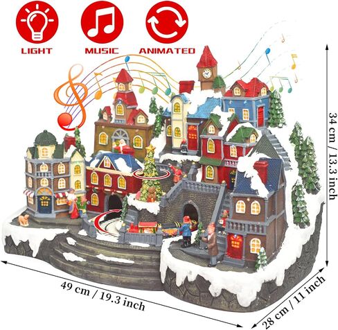 Christmas Village Ice Skating Pond Animated Decorations, Lighted Musical Winter Snow Village House Rink Building Figurine with Skaters Santa Sleigh and Reindeer, LED Light Up Holiday Indoor Town Decor in Saudi Arabia