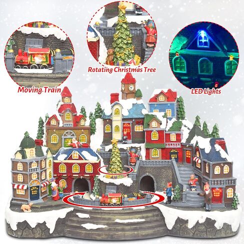 Christmas Village Ice Skating Pond Animated Decorations, Lighted Musical Winter Snow Village House Rink Building Figurine with Skaters Santa Sleigh and Reindeer, LED Light Up Holiday Indoor Town Decor in Saudi Arabia