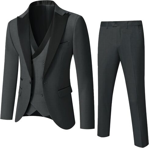 YND Men's 3 Piece Slim Fit Wedding Tuxedo Set, Peak Lapel One Button Suit Jacket, Double Breasted Vest Pants with Bow Tie in Kuwait