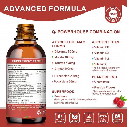 Magnesium Glycinate Liquid Drop - Triple Absorption Supplement to Support Nerves, Night, Heart, Muscles * -Sugar-Free with Potassium, L-Theanine, Sea Moss Vitamin B,C,D3, K2-1Pack… in Kuwait