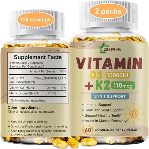 D3 K2 Vitamin 10,000 IU, K2 Vitamin with D3 Supplement High Potency Non-GMO Formula, Immune Supports, Bone & Heart Health Microingredients Vitamin D3 K2 Complex (MK-4 & MK-7), 60 Softgels in Saudi Arabia