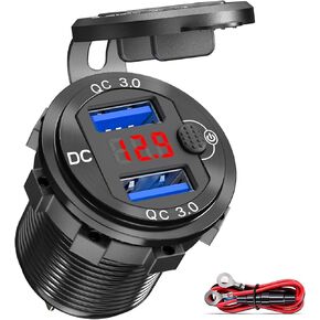 [Upgraded Version] Quick Charge 3.0 Dual 12V USB Car Charger, Aluminum Socket with Red Digital Voltmeter, Waterproof Car Outlet with Power Switch Button, for Marine Boat Motorcycle Truck Golf Cart etc