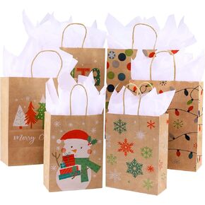 SUNCOLOR Pack of 24 Brown Christmas Gift Bags Assorted Sizes With Tissue paper (8 Large 13", 8 Medium 11", 8 Small 9")