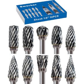 10Pcs 1/8" Shank Carbide Burr Bits Compatible with Dremel Bits Metal Grinding Bits Wood Stone Carving Cutting Engraving Grinder Kit Attachment Rotary Tool Accessories Set Harder Than Diamond