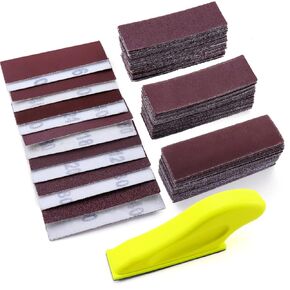 POLIWELL Micro Sander Kit 3.5" x 1" Mini Sander for Small Projects, Detail Handle Sanding Tools + Sandpaper 80 120 180 240 400 Grit for DIY Crafts Wood Finishing Tight Narrow Spaces Polishing, 50 PCS