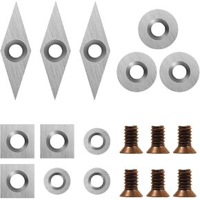 18 Pieces Tungsten Carbide Cutters Inserts Set for Wood Lathe Turning Tools Include 11 mm Square with Radius, 12 mm and 8.9 mm Round, 30 x 10 mm Diamond with Pointed Point,6 Pieces screws.