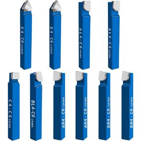 10PCS 1/4" Metal Lathe Tooling Carbide Tip Tipped Cutter Tool,C6 Bit Cutting Set,for Metal Lathe Turning, Boring, and Chamfering