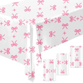 3 Pcs Pink Bow Table Cloth Rectangle Table Party Supplies Bow Theme Disposable Plastic Table Covers Waterproof Coquette Birthday Decorations for Women Girls Bridal Baby Shower Bachelorette Party Decor
