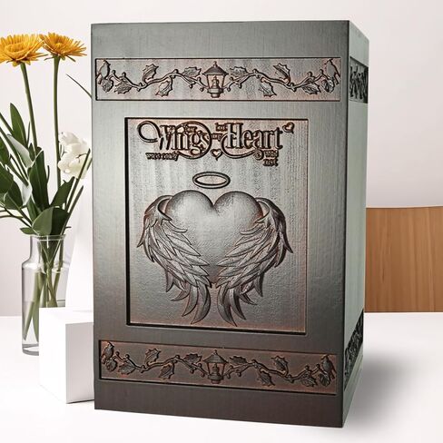 Large Wooden Urn for Adult Male Female Ashes, Decorative Cremation Urn for Human Ashes, Funeral Memorial Wooden Box Urn for Women Men with Relief Sculpture with Velvet Bag(Heart-Wings) in Saudi Arabia