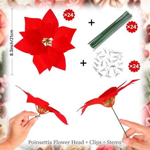 Luyue 12 قطعة من زهور البونسيتة الحمراء الاصطناعية لعيد الميلاد مع سيقان زينة زخرفية لعيد الميلاد المزخرف لشجرة عيد الميلاد إكليل البونسيتة لتزيين العطلات (مع السيقان والمشابك) in Kuwait