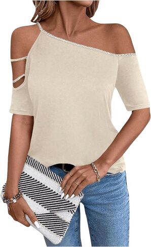 SOLY HUX Women's Cut Out Off Shoulder T Shirt Short Sleeve Rhinestone Tee Tops in Saudi Arabia