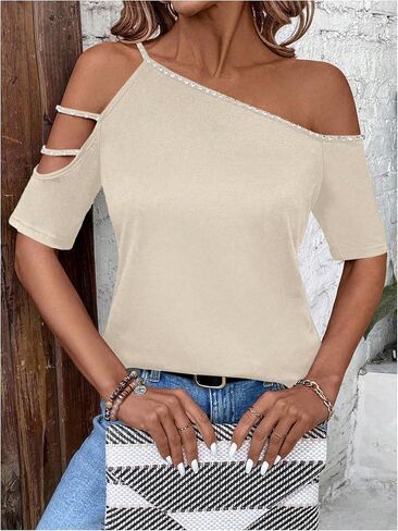 SOLY HUX Women's Cut Out Off Shoulder T Shirt Short Sleeve Rhinestone Tee Tops in Saudi Arabia
