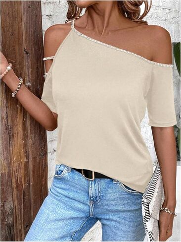 SOLY HUX Women's Cut Out Off Shoulder T Shirt Short Sleeve Rhinestone Tee Tops in Saudi Arabia