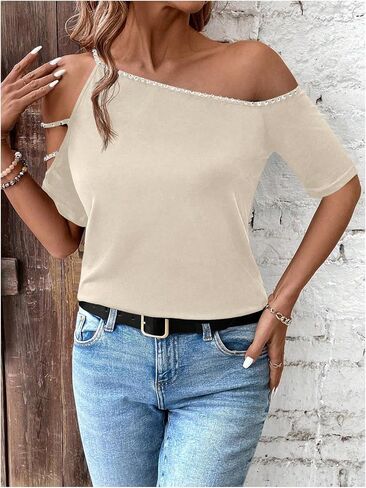 SOLY HUX Women's Cut Out Off Shoulder T Shirt Short Sleeve Rhinestone Tee Tops in Saudi Arabia