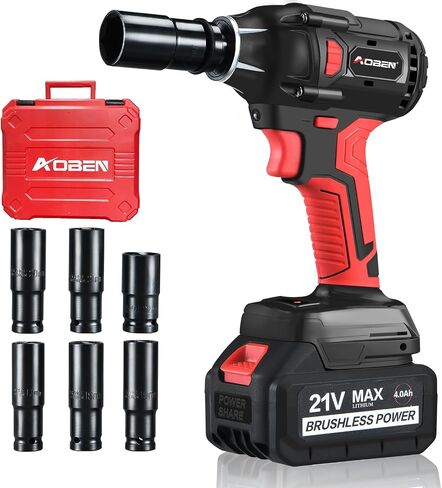 AOBEN 21V Cordless Impact Wrench 1/2 inch, Powerful Brushless Motor with Max Torque 450 ft-lb (600N.m), 4.0Ah Battery, 6 PCS Sockets (17-22mm), Fast Charger and Tool Case in Saudi Arabia