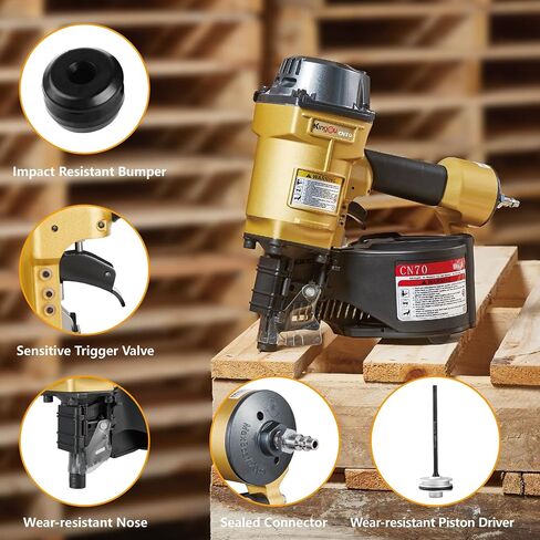 Kingou CN70 Coil Siding Nailer Decking Nailer Accepts 1-3/4-Inch to 2-3/4-Inch Nails with 1/4 NPT Air Connector 225-300pcs Load Capacity Coil Nailer Coil Nail Gun for Wooden Box Packing in Saudi Arabia