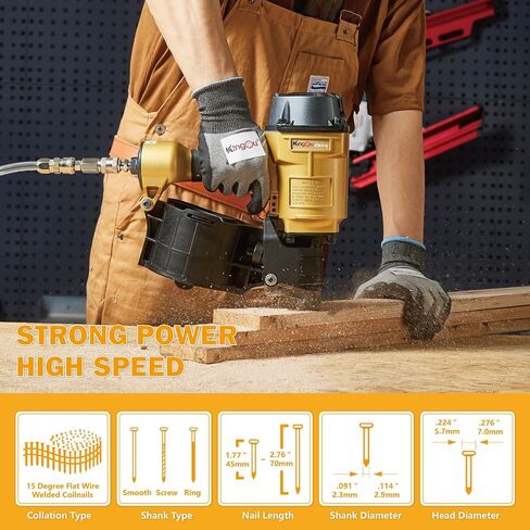 Kingou CN70 Coil Siding Nailer Decking Nailer Accepts 1-3/4-Inch to 2-3/4-Inch Nails with 1/4 NPT Air Connector 225-300pcs Load Capacity Coil Nailer Coil Nail Gun for Wooden Box Packing in Saudi Arabia