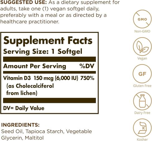 SOLGAR Vegan Vitamin D3 (Cholecalciferol) 25 mcg (1,000 IU) - 120 Softgels - Immune Support, Helps Maintain Healthy Bones & Teeth - Non-GMO, Certified Vegan, Gluten & Dairy Free - 120 Servings in Saudi Arabia