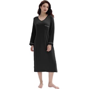Joyaria Long Sleeve Nightgowns Ultra Soft Wicking Women V-Neck Mid Calf Sleep Shirts Viscose Made from Bamboo Sleepwear