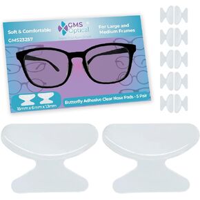 GMS Optical 2.5mm Thick / 18mm Long Length - Adhesive Butterfly Contoured Shape Anti-Slip Silicone Eyeglass Nose Pads, Non-Slip Nose Pads for Glasses, For Sunglass Nose Pads Replacement - 5 Pair Clear