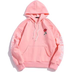 ZAFUL Men's Fleece Hoodie Unisex Rose Letter Graphic Pullover Sweatshirt With Kangaroo Pockets Hooded Sweatshirts