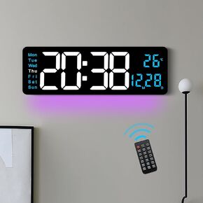 Digital Wall Clock with Remote Control, 14.3" Wall Clock with Large Display, LED Digital Clock for Classroom, Living Room, Auto-Dimming with 9 RGB Color Light, Auto DST, Temperature, Gift for Elderly