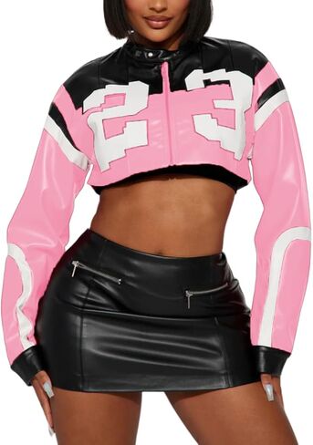 CONCINEROS Women's Faux Leather Jacket Zip Up Cropped Bomber Leather Jacket Women 2023 S-XL in Kuwait