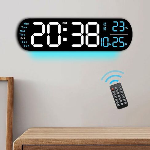 Digital Wall Clock with Remote Control, 14.3" Wall Clock with Large Display, LED Digital Clock for Classroom, Living Room, Auto-Dimming with 9 RGB Color Light, Auto DST, Temperature, Gift for Elderly in Saudi Arabia