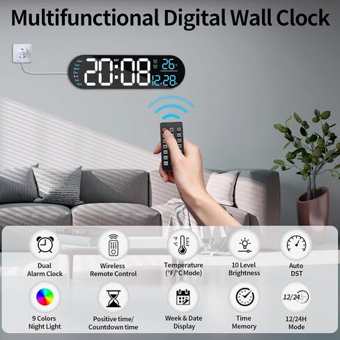 Digital Wall Clock with Remote Control, 14.3" Wall Clock with Large Display, LED Digital Clock for Classroom, Living Room, Auto-Dimming with 9 RGB Color Light, Auto DST, Temperature, Gift for Elderly in Saudi Arabia