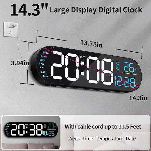 Digital Wall Clock with Remote Control, 14.3" Wall Clock with Large Display, LED Digital Clock for Classroom, Living Room, Auto-Dimming with 9 RGB Color Light, Auto DST, Temperature, Gift for Elderly in Saudi Arabia