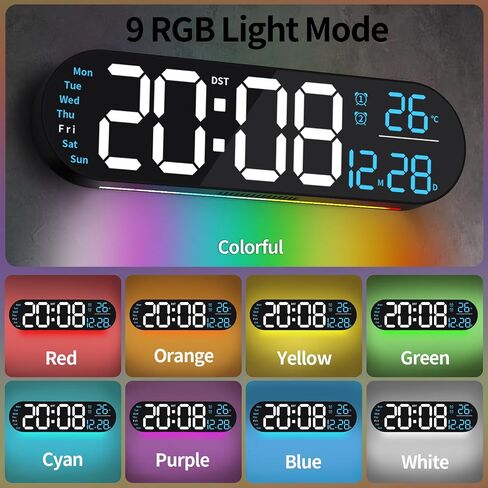 Digital Wall Clock with Remote Control, 14.3" Wall Clock with Large Display, LED Digital Clock for Classroom, Living Room, Auto-Dimming with 9 RGB Color Light, Auto DST, Temperature, Gift for Elderly in Saudi Arabia