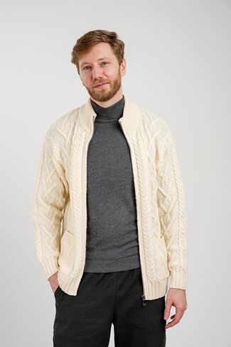 100% Merino Wool Men's Zipper Cable Knit Winter Warm Cardigan Sweater with Pockets in Charcoal/Army Green in Kuwait