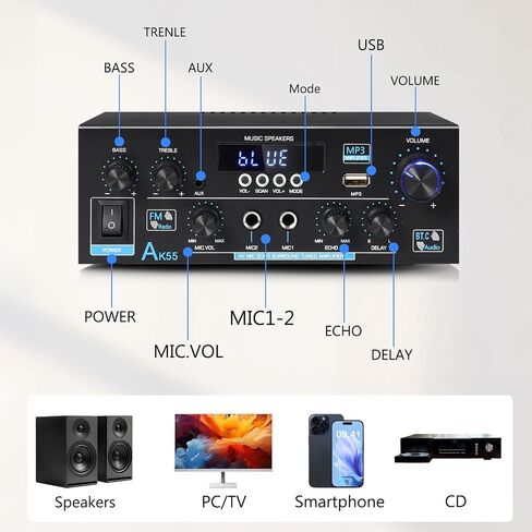 Woopker AK35 Audio Amplifier Max 200W HiFi 2.0 Stereo Bluetooth 5.0 AMP Receiver for Car Home Party, with USB, TF Card, AUX Input, Bass & Treble Control in Saudi Arabia