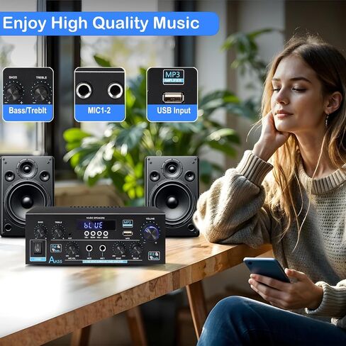 Woopker AK35 Audio Amplifier Max 200W HiFi 2.0 Stereo Bluetooth 5.0 AMP Receiver for Car Home Party, with USB, TF Card, AUX Input, Bass & Treble Control in Saudi Arabia