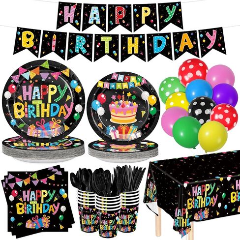 216pcs Happy Birthday Plates Napkins Colorful Black Birthday Party Supplies Tableware Set Disposable Paper Cups Banner Balloons for Girls Boys Birthday Party Decorations Serve 24 Guests in Saudi Arabia