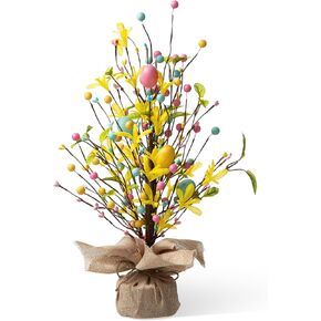 Glitzhome 18" H Easter Eggs Table Tree with Burlap Base Decorative Table Tree Decor for Spring Easter Party Supplies Props