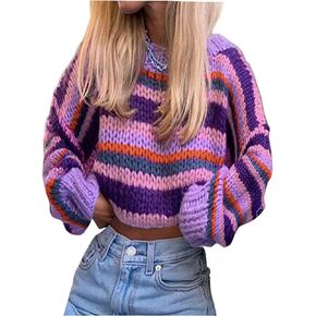 MakeMeChic Women's Y2K Long Sleeve Sweaters Round Neck Striped Pattern Drop Shoulder Sweater Pullovers