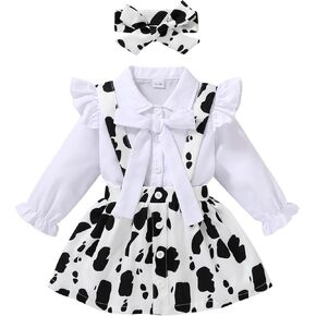 YOUNGER TREE Toddler Girl Outfits 1-4 T Long Sleeve Shirt Overall Skirt Headband Set School Uniform Dress