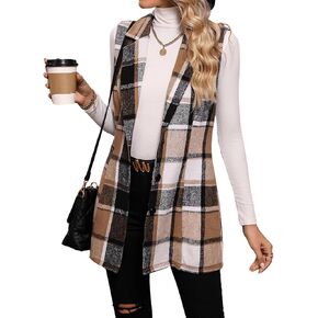 GORGLITTER Women's Plaid Print Button Down Vest Blazer Lapel Neck Sleeveless Coat